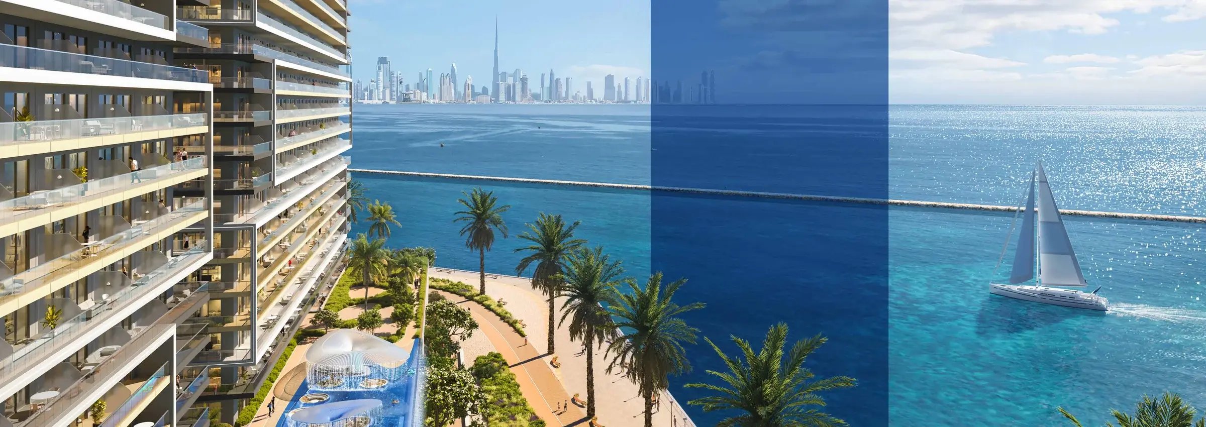 Premium waterfront residence with the Dubai skyline and a sailing yacht beyond