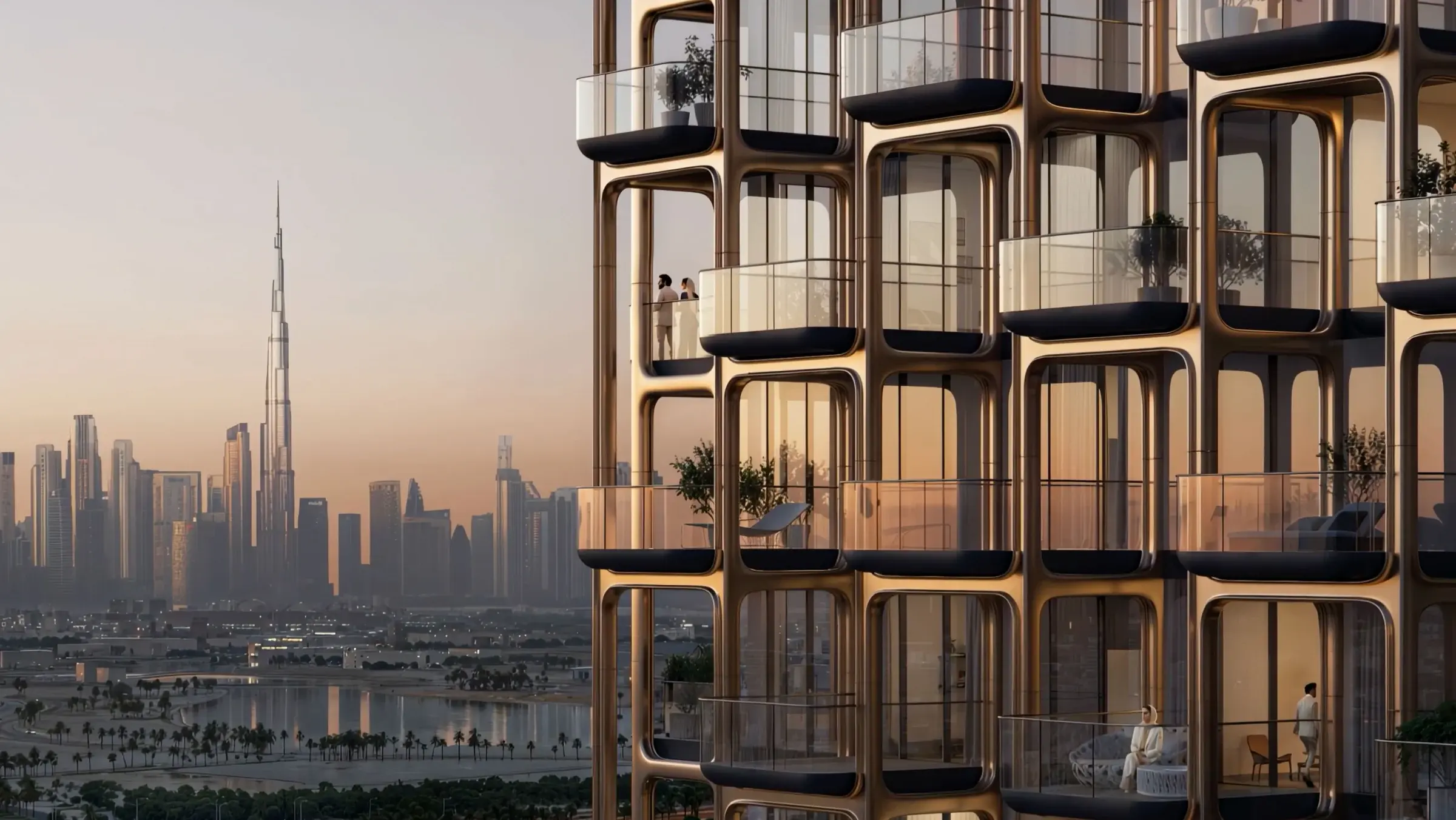Burj Khalifa and the Downtown Dubai skyline seen from a residential tower balcony