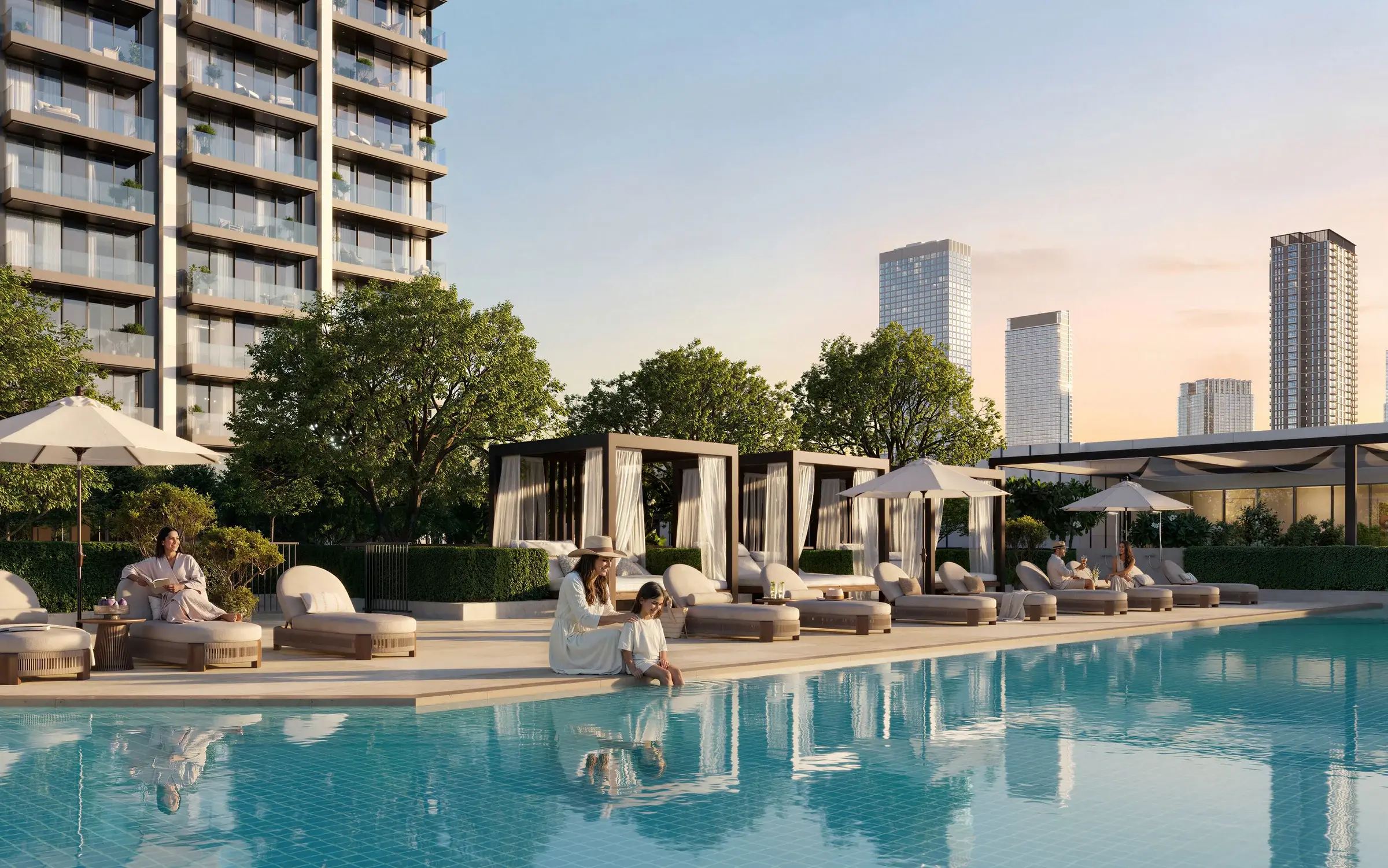 Low-density landscaped community with mature trees and private cabanas at dusk