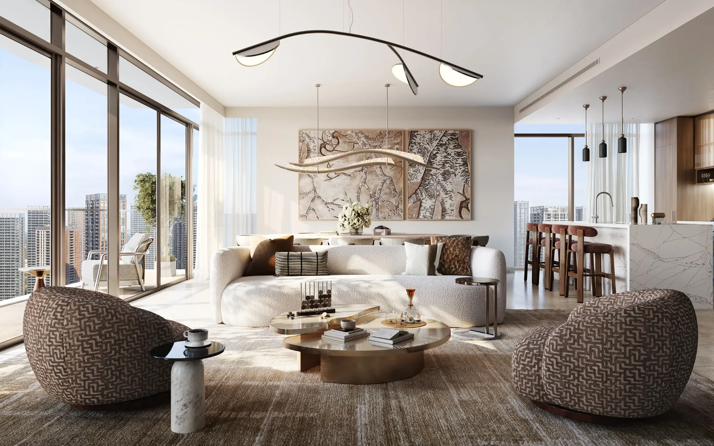 Elegant Dubai living room with floor-to-ceiling windows and skyline views